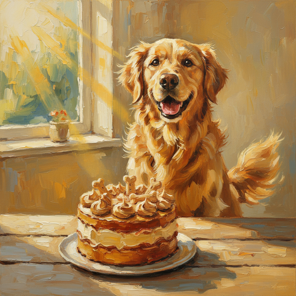 A joyful Golden Retriever its tail a blur of happy motion sits expectantly before a charming miniatu