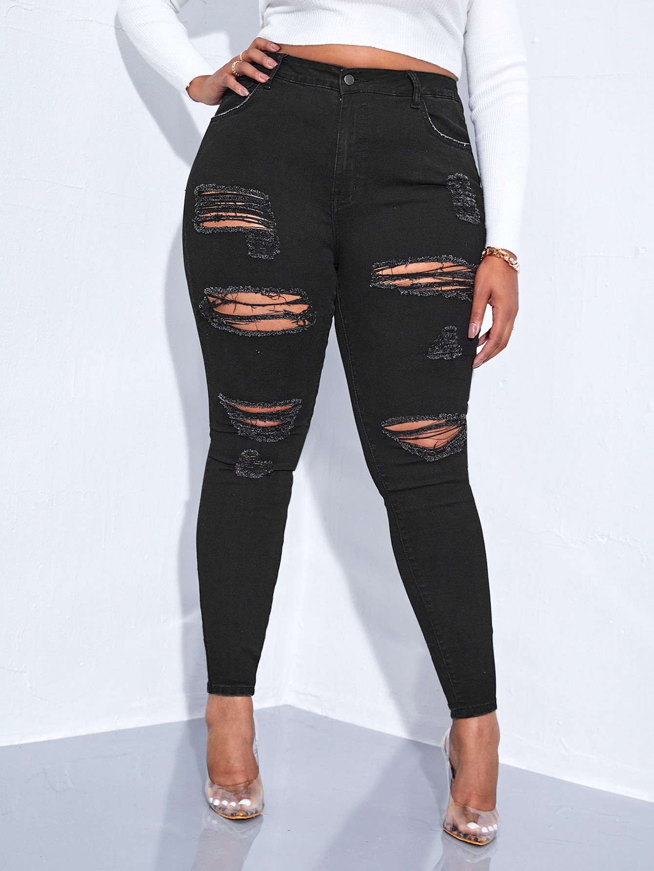 SHEIN SXY Plus High Waist Ripped Skinny Jeans