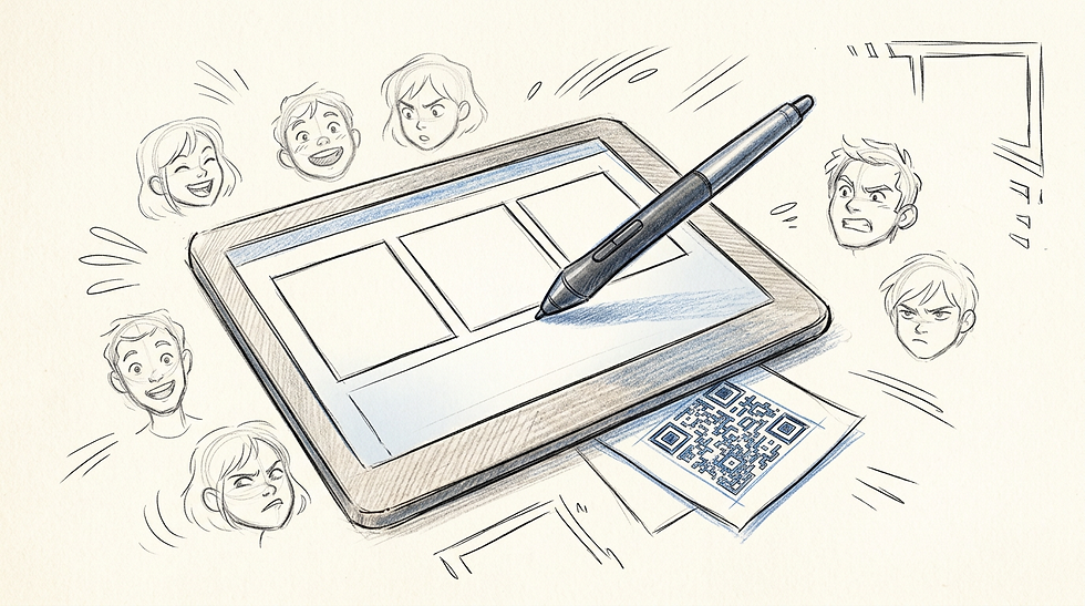 A tablet displays a comic panel layout with a digital pen nearby, surrounded by sketches and a small QR code.