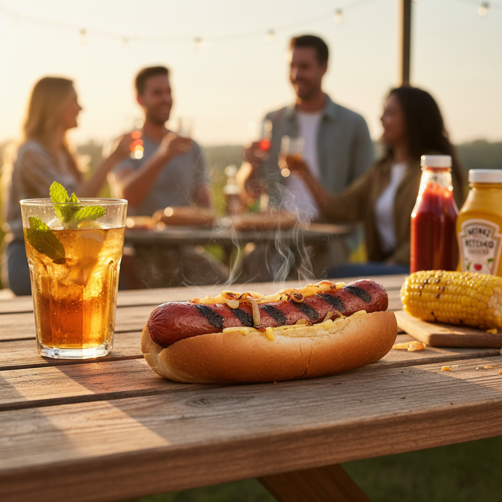 A wide horizontal composition captures a glistening perfectly grilled hot dog resting in a toasted b