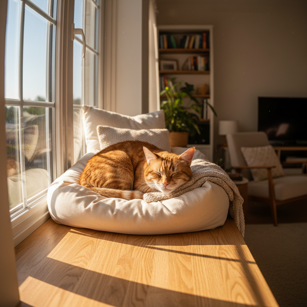 A wide angle photorealistic shot captures a sun drenched inviting window perch meticulously crafted 