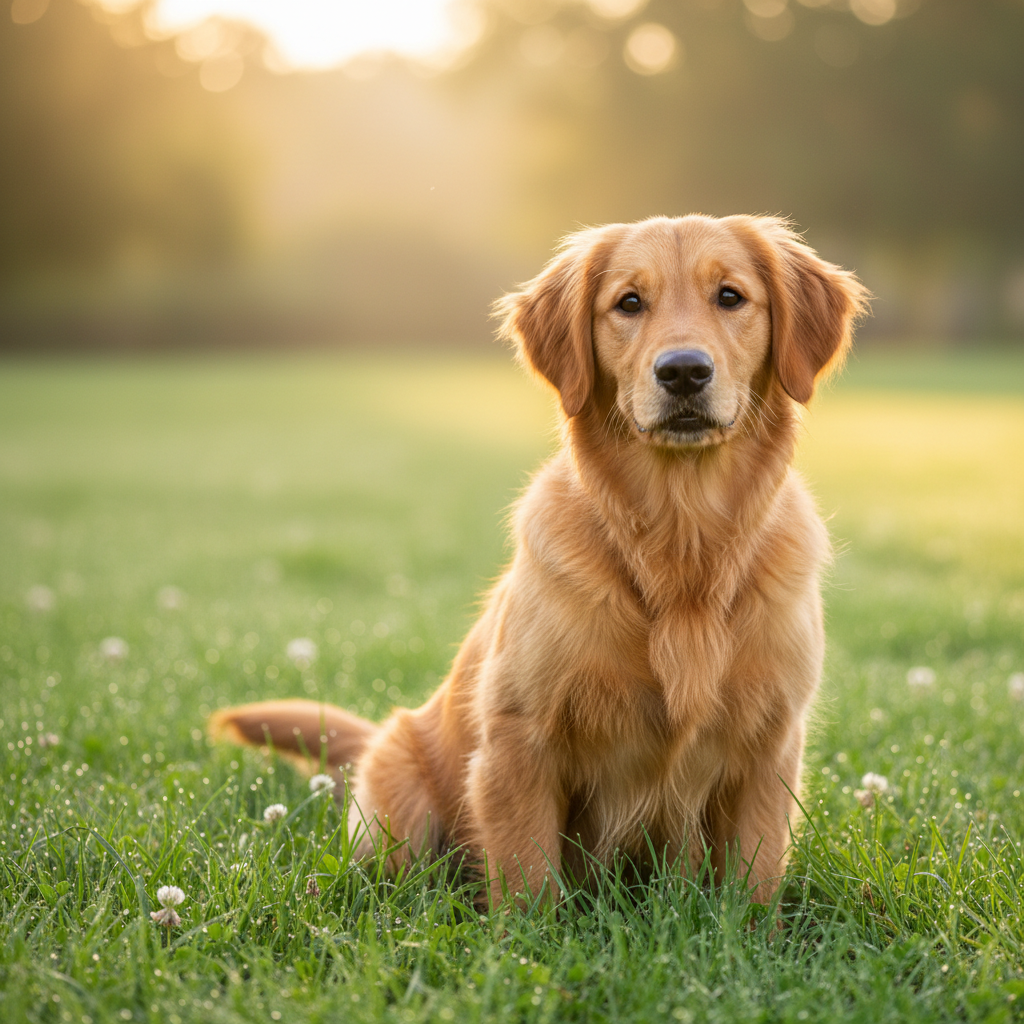 A golden retriever puppy with soft intelligent eyes gazes directly into the camera from a sun dapple
