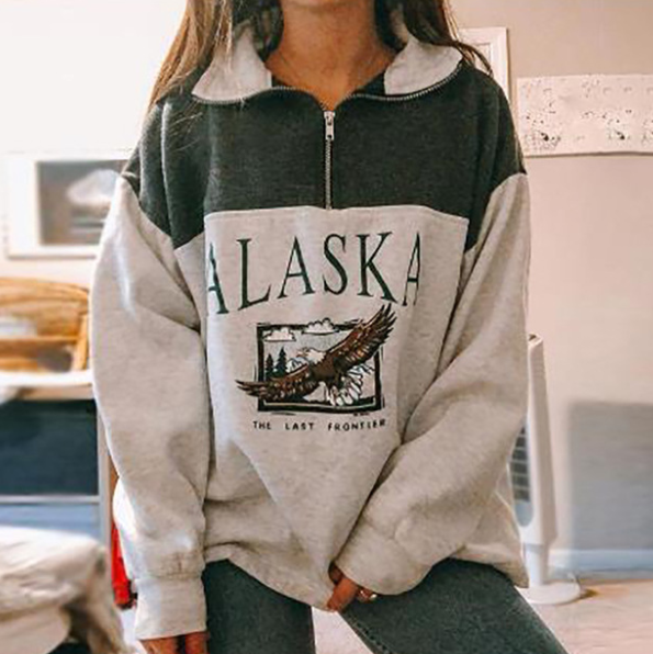 Fashion Printed Long Sleeve Zip Top for Women