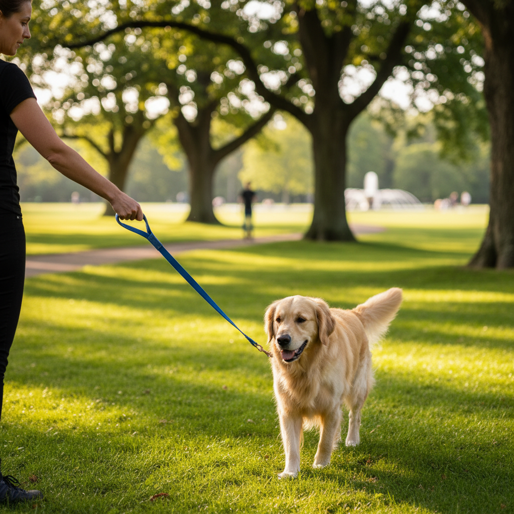 A photorealistic high quality photograph captures a professional dog trainer demonstrating proper le