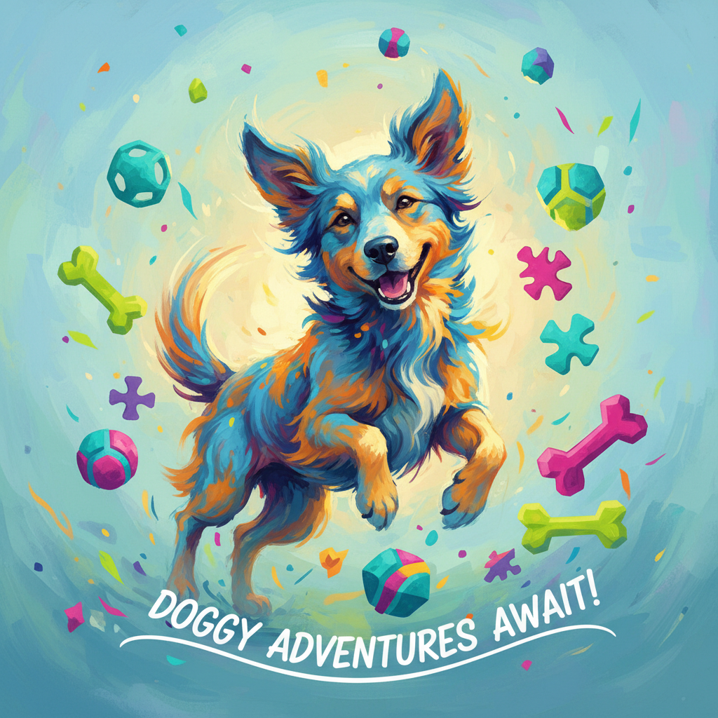 A vibrant abstract interpretation of canine joy and play Swirls of energetic color bright blues warm