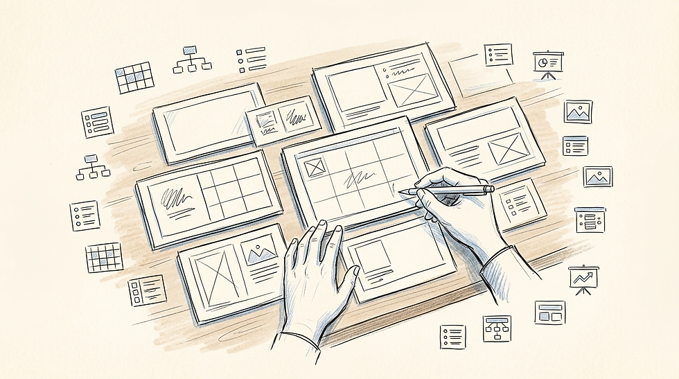 A set of design templates and layout grids arranged on a desk with hands working on the arrangement.