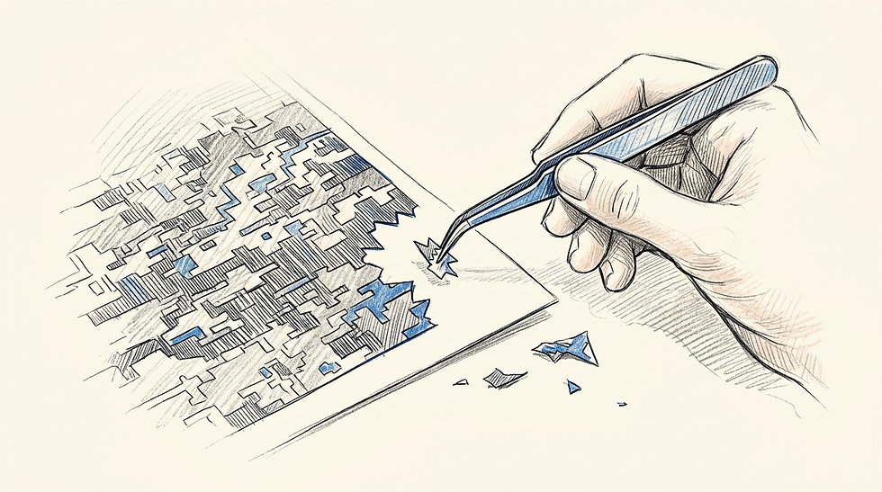 A close-up of hands using tweezers to remove a small, geometric piece of vinyl from a complex camouflage stencil.