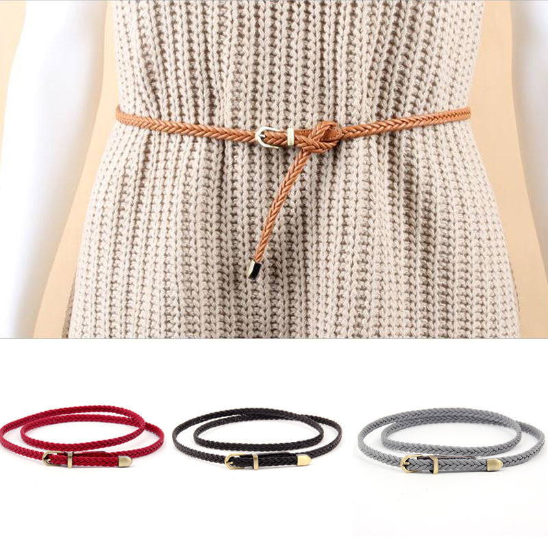 Women Belts Knitting Needle Buckle Without Punching Retro Casual Thin Belt For D