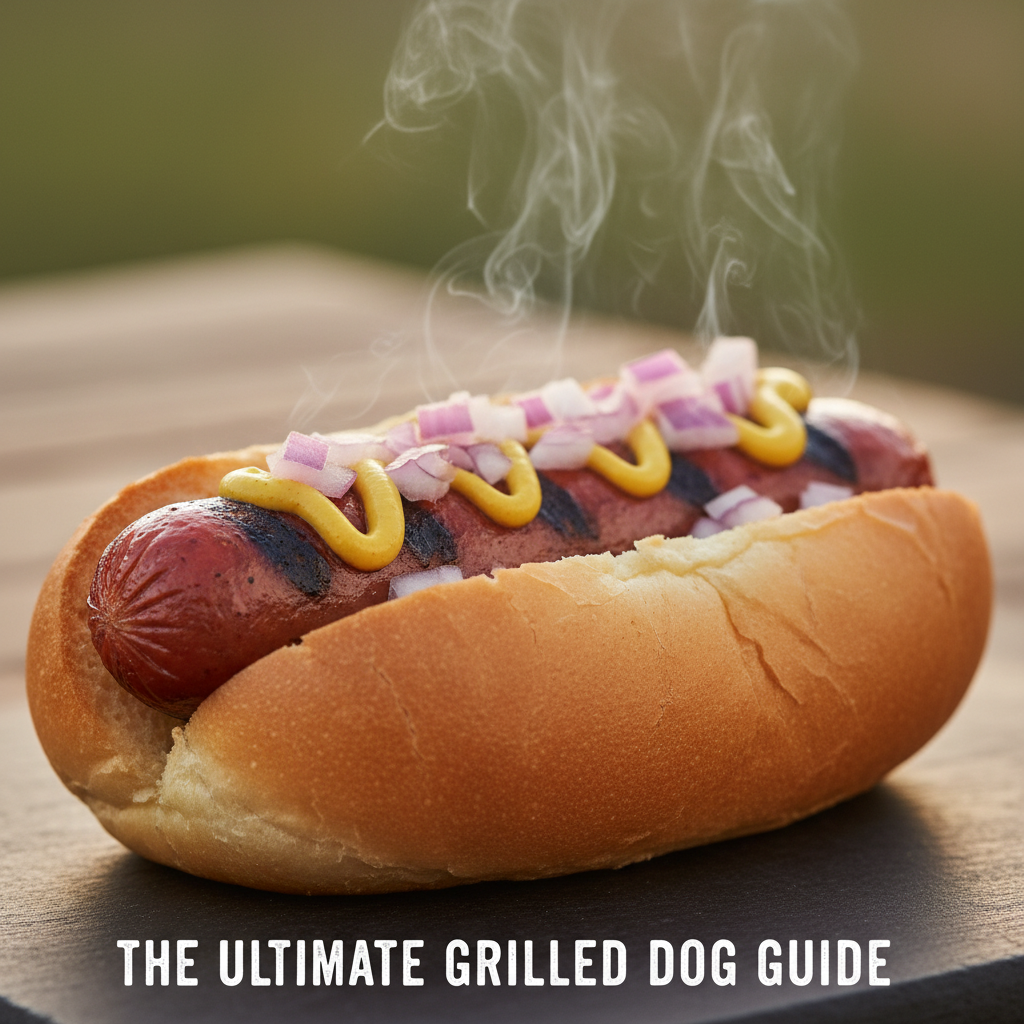 A close up wide angle shot captures a perfectly grilled plump hotdog nestled in a toasted brioche bu