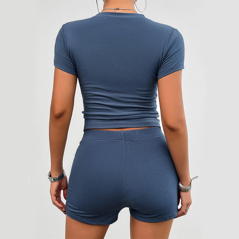 Thumbnail: Solid Color Slim Sports Suit Summer 2Pcs Short-sleeved Round Neck T-shirt And El
