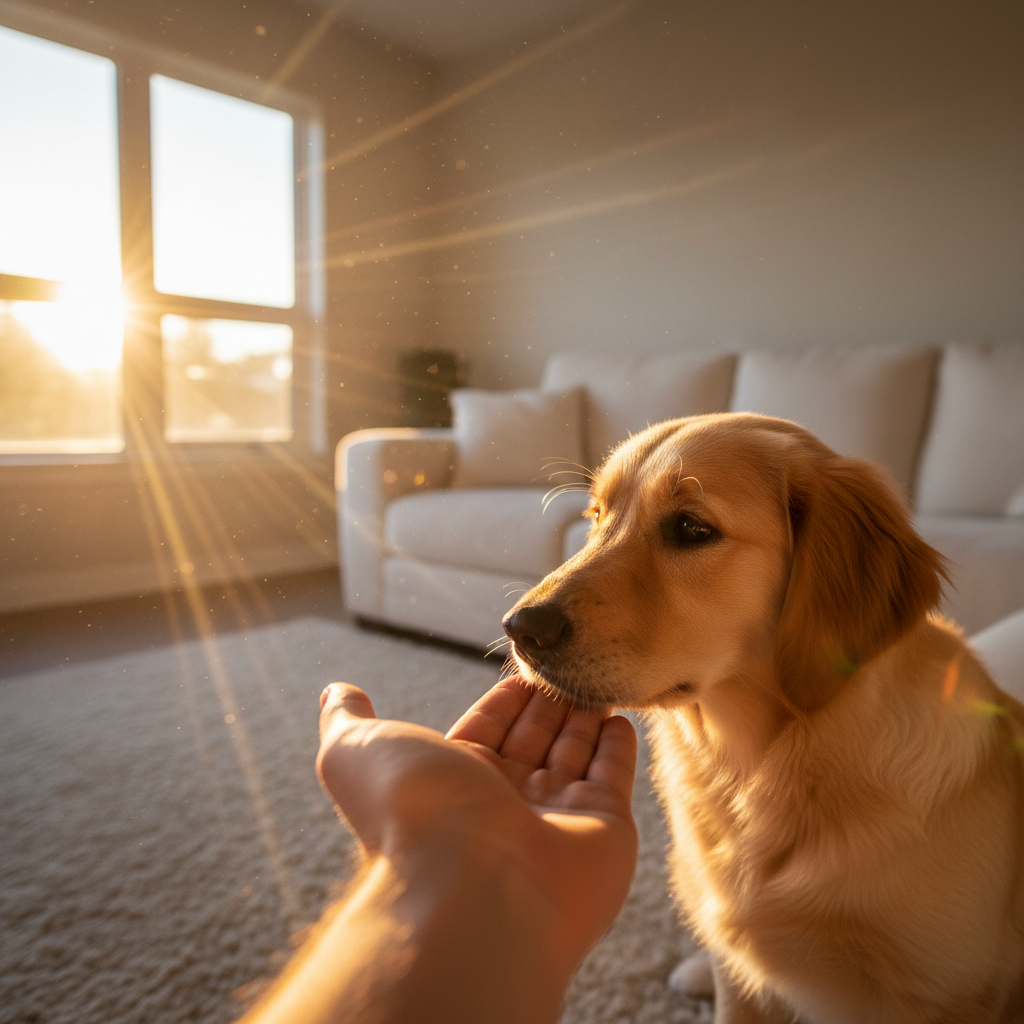 A photorealistic high quality photograph captures a heartwarming scene of a golden retriever puppy p