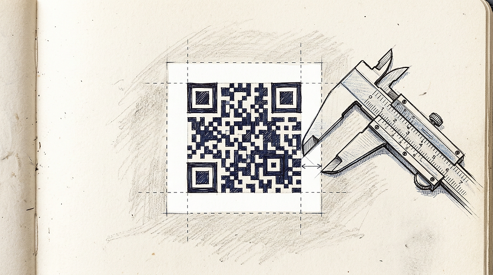 A square barcode on a surface is surrounded by a wide, empty white buffer zone, with drafting tools nearby to indicate measurement.