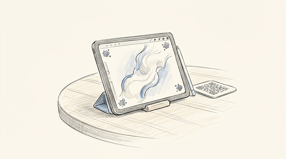 A portable tablet on a stand shows an active digital painting with a stylus nearby and a QR code on a coaster.
