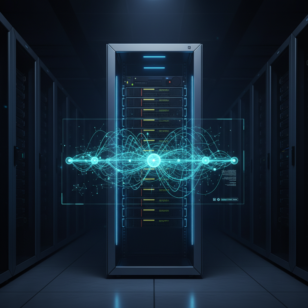 A sleek modern server rack hums with a soft internal blue light its metallic surfaces reflecting a s