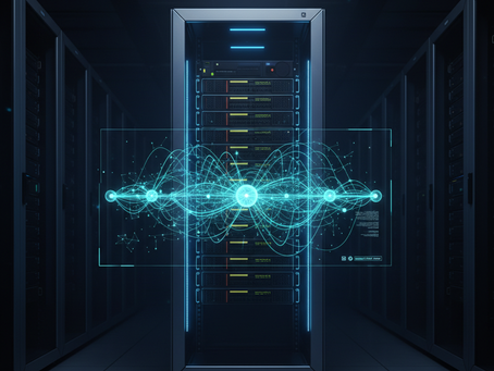 A sleek modern server rack hums with a soft internal blue light its metallic surfaces reflecting a s