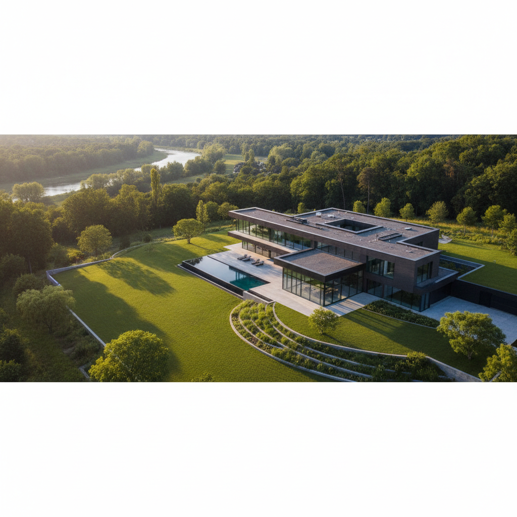 A breathtaking wide angle photorealistic aerial view captures a stunning modern house nestled within