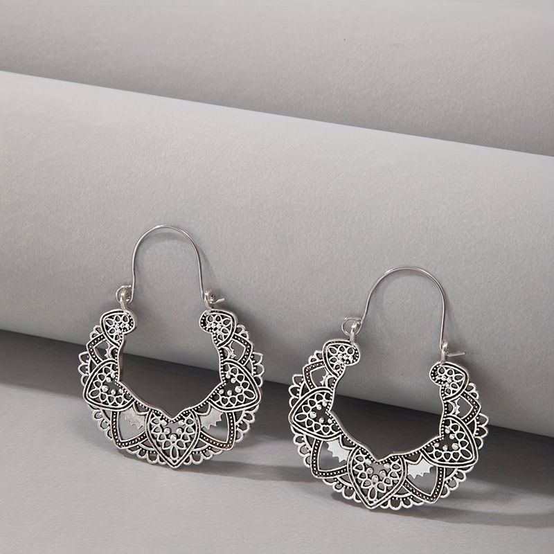 Thumbnail: Exaggerated Vintage Boho Flower Carved Hoop Dangle Earrings For Women Decor 1Pai