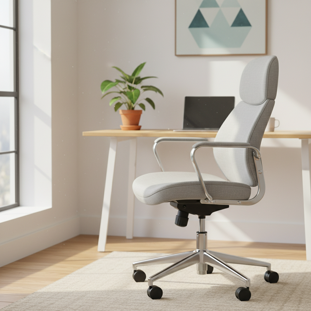 A modern sun drenched home office bathed in soft natural light The focus is on a sleek ergonomically