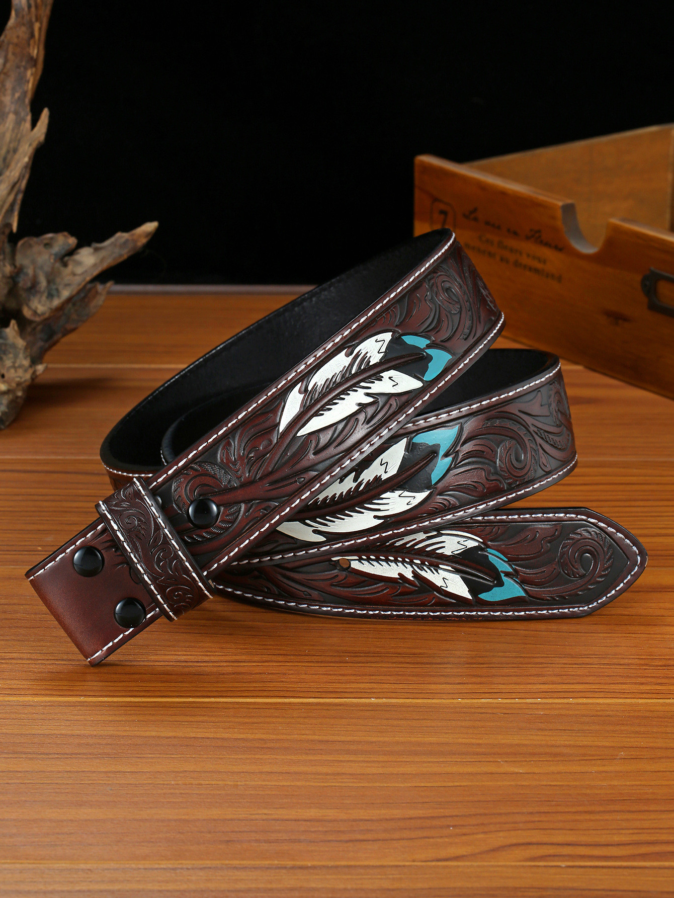 No Buckle Leather Embossed Belts For Men Cowboy Punk Wind Pressure Flowe