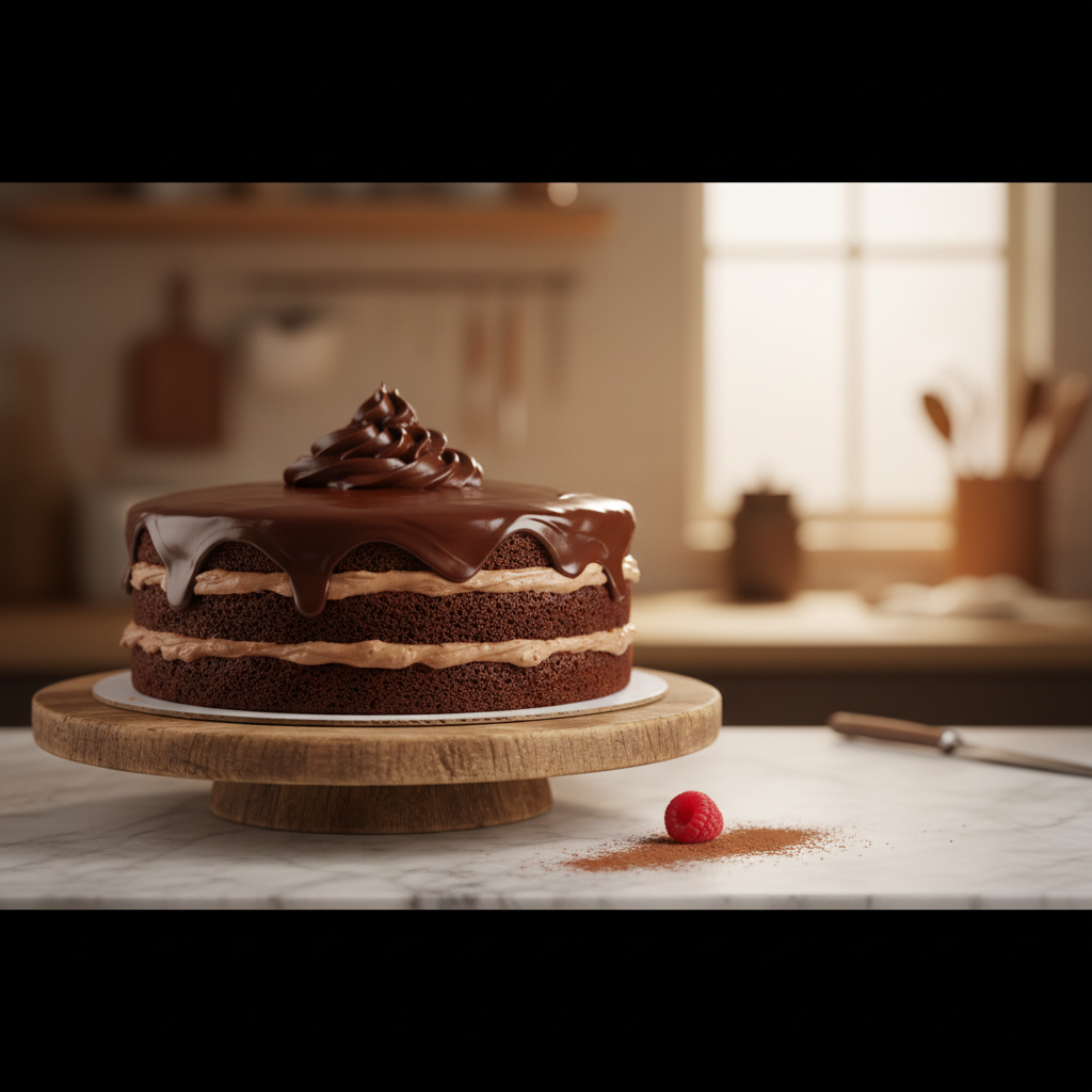 A photorealistic high quality photograph captures a stunning multi layered chocolate cake glistening