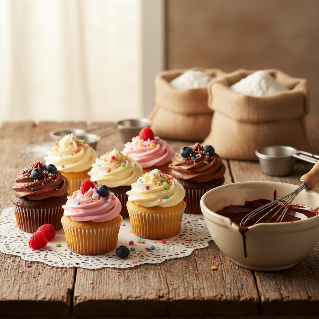 A photorealistic high quality photograph captures a rustic wooden countertop bathed in warm natural 