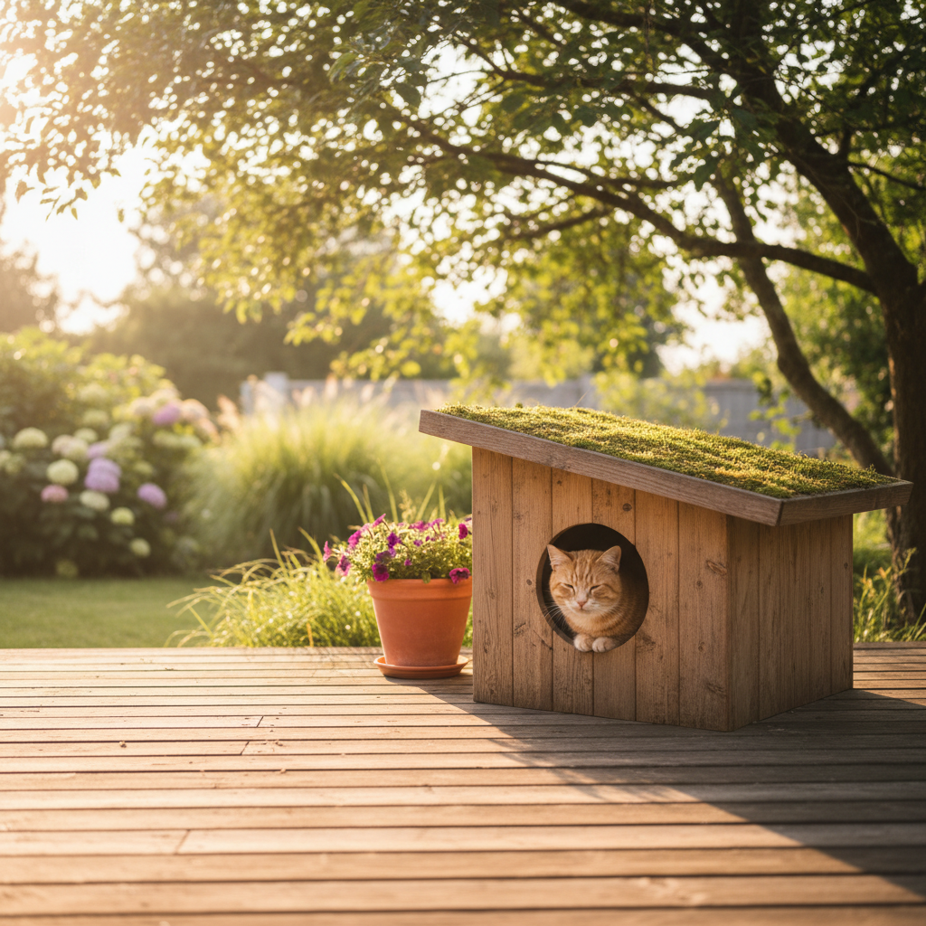 A cozy modern cat house sits nestled on a sun drenched wooden deck bathed in the warm golden light o