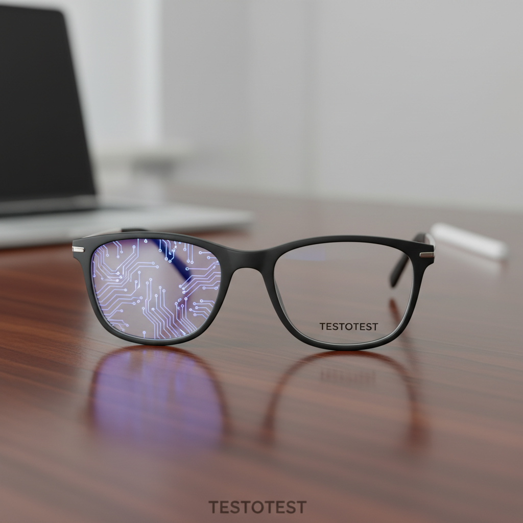 A close up eye level shot captures a pair of sleek modern Testotest eyeglasses resting on a polished