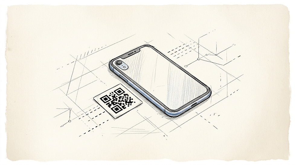A simple smartphone lies beside a square sticker containing a sparse and easily readable matrix pattern.