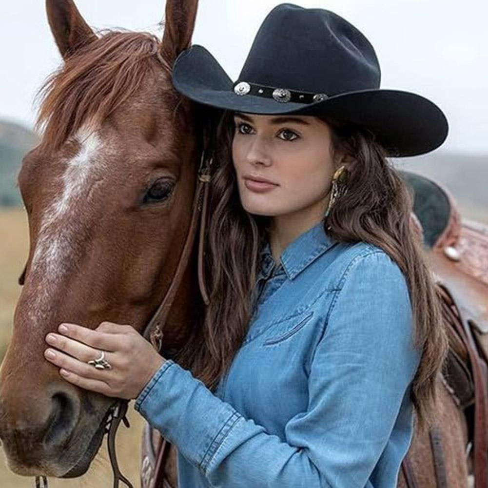 Black Western Cowboy Hats for Women Vintage Wide Brim Felt Fedoras Gentlema