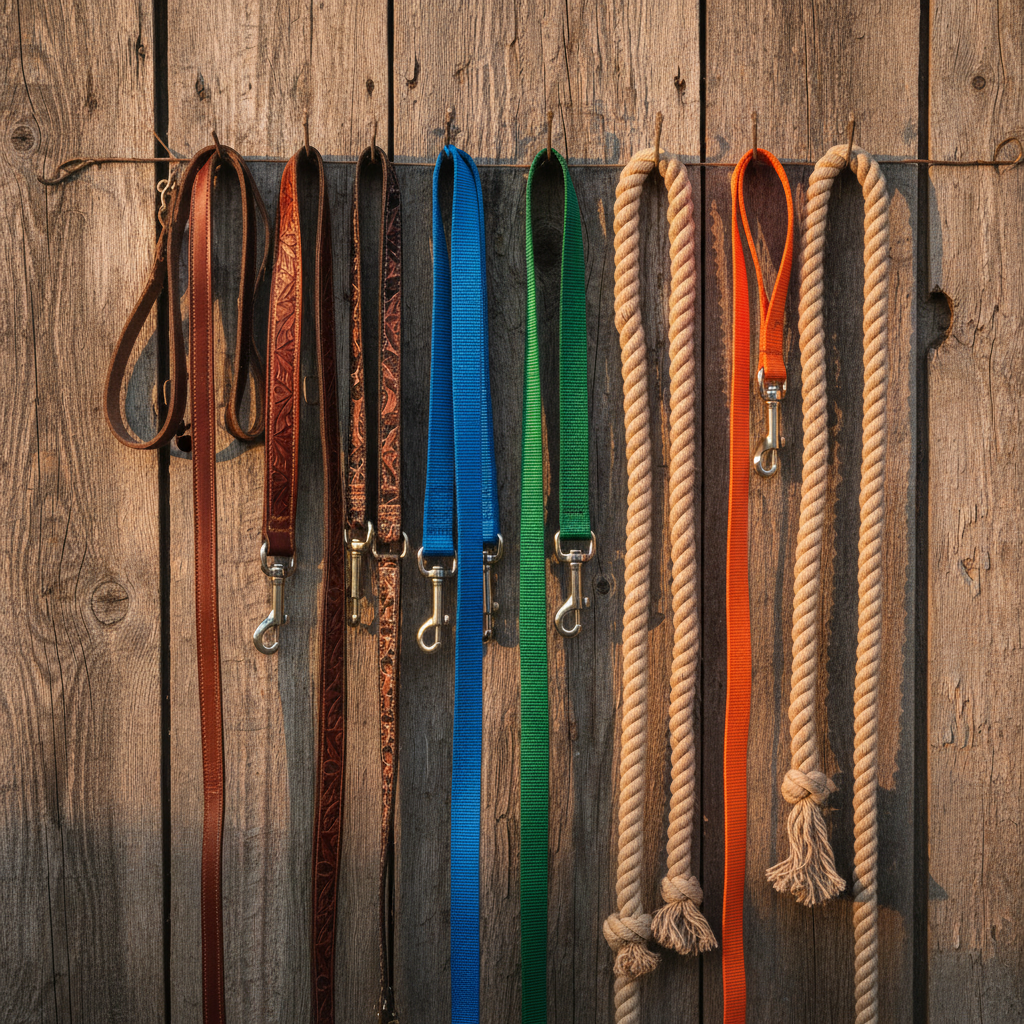 A photorealistic high quality photograph captures a curated collection of dog leashes showcasing the