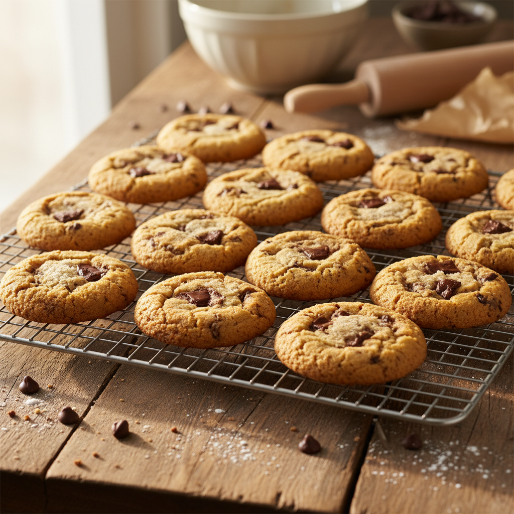 A photorealistic high quality photograph captures a perfectly baked batch of golden brown chocolate