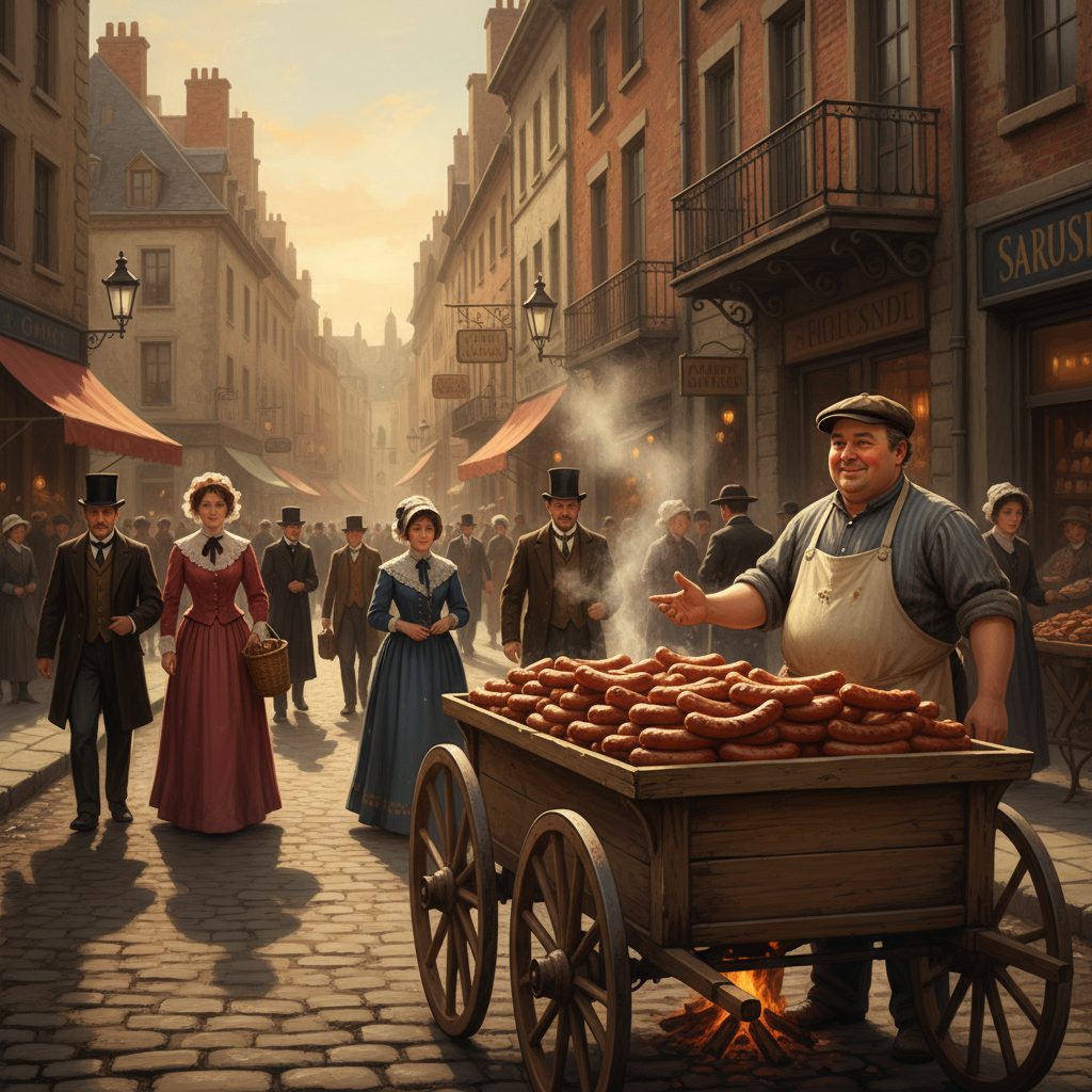 A wide horizontal composition depicting a bustling 19th century European cobblestone street bathed i
