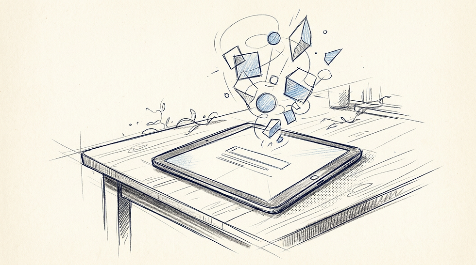 A tablet screen showing an AI generation prompt interface with abstract geometric elements floating above it.
