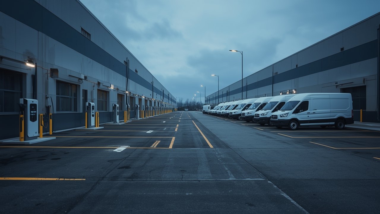 Electric delivery vans parked at depot bays with ev fleet charging infrastructure at dusk