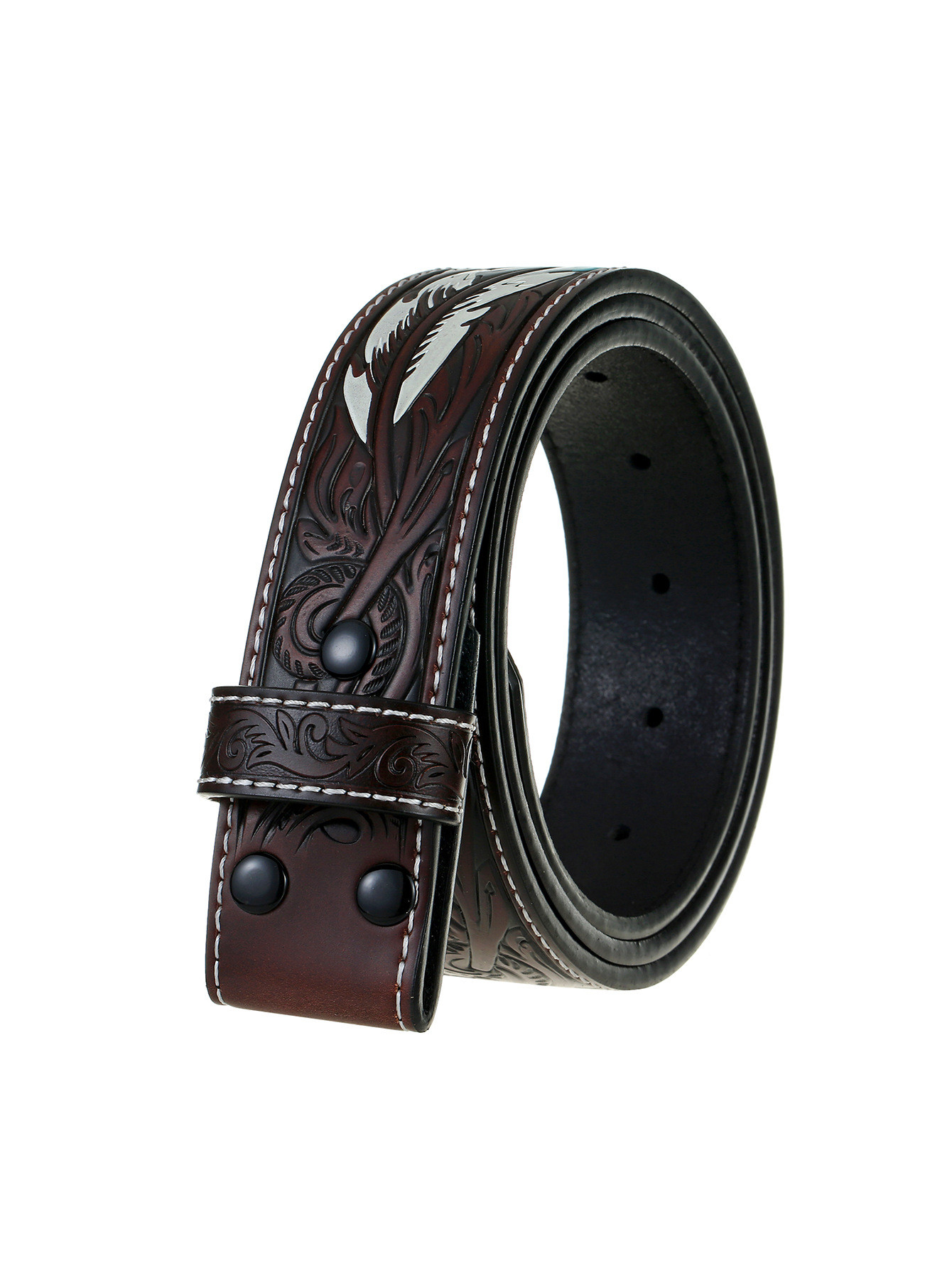 No Buckle Leather Embossed Belts For Men Cowboy Punk Wind Pressure Flowe view 4