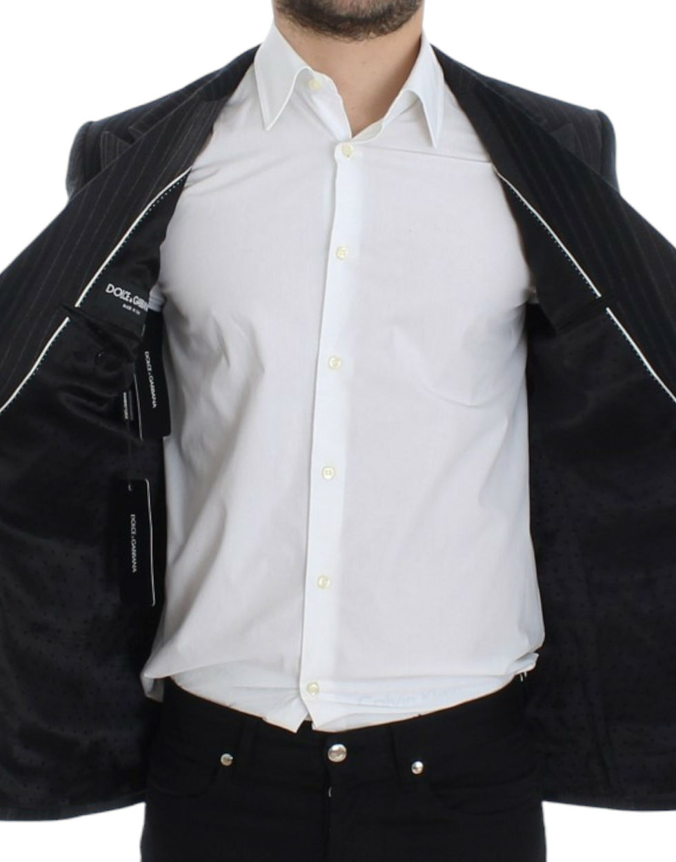 Thumbnail: Elegant Gray Striped Wool Slim Blazer