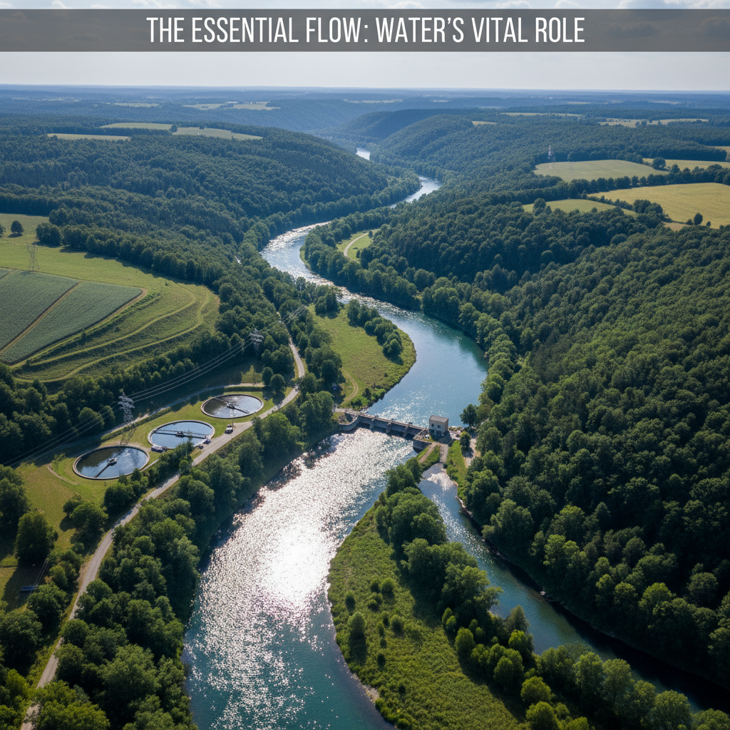 A breathtaking wide angle photorealistic aerial view captures a winding pristine river snaking throu