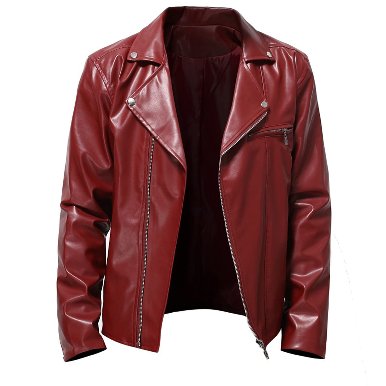 Fall Men Faux Leather Zip Up Jacket Stand Collar Leather Motorcycle Jacket Light