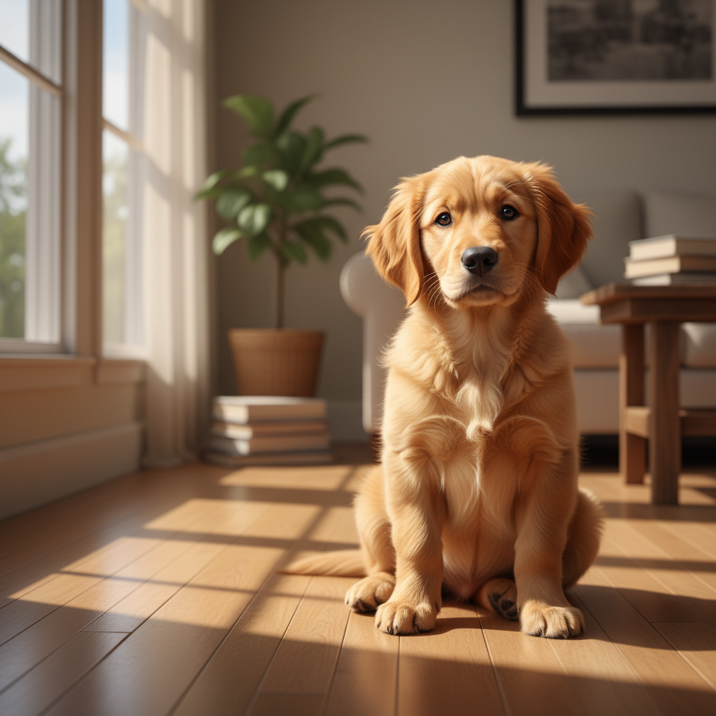 A golden retriever puppy with bright intelligent eyes sits attentively on a sun drenched wooden floo