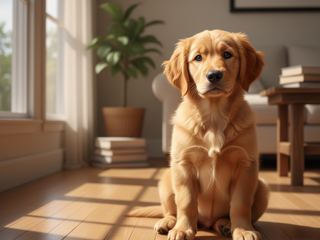 A golden retriever puppy with bright intelligent eyes sits attentively on a sun drenched wooden floo