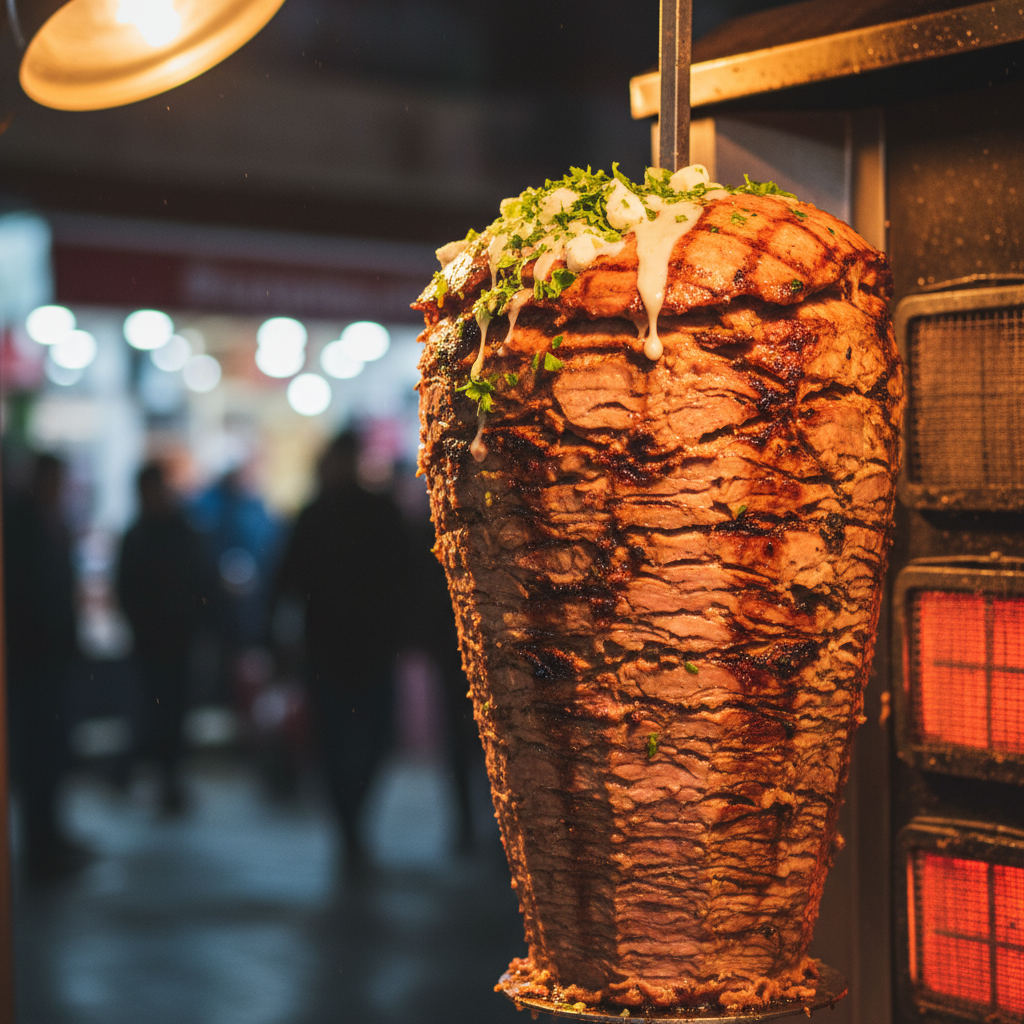A close up mouthwatering photorealistic shot captures the essence of a perfectly crafted doner kebab