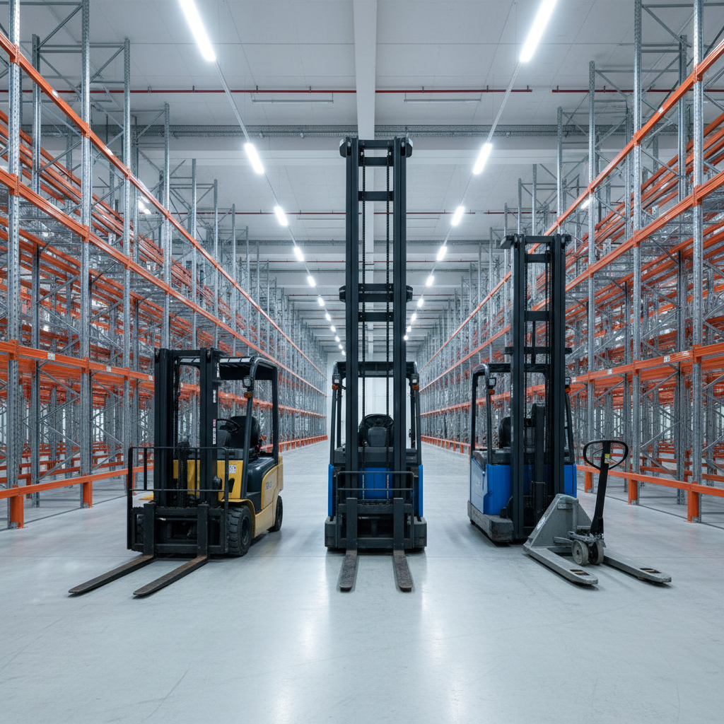 A photorealistic high quality photograph captures a pristine modern warehouse bathed in the cool eve
