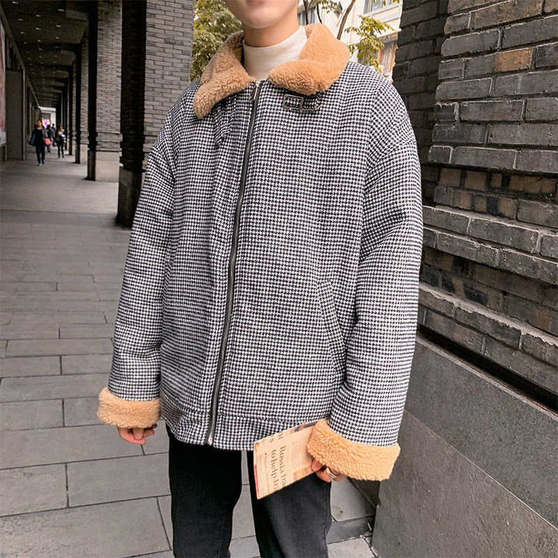 Plaid Lamb Fleece Jacket for Men, Warm Cotton Coat