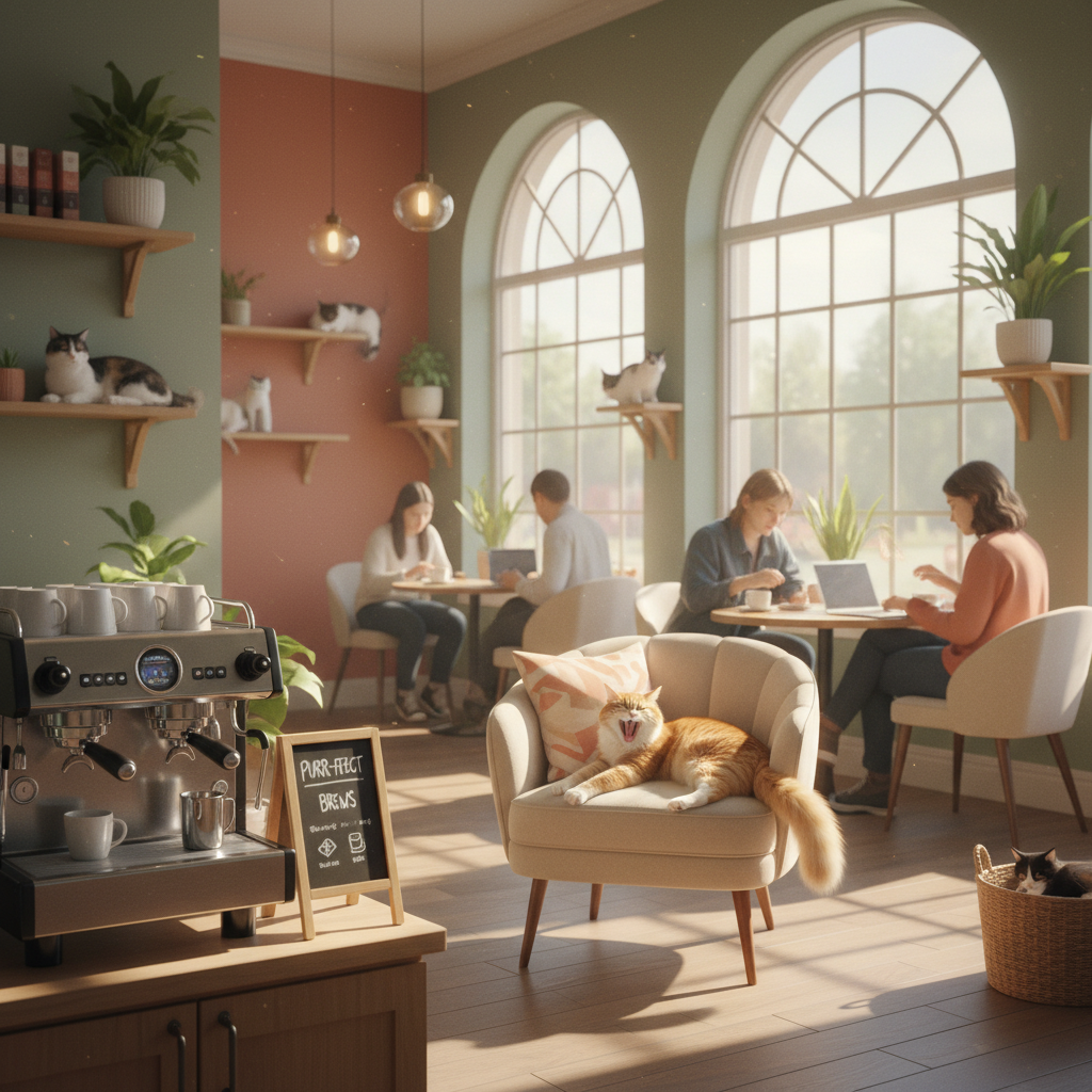 A warm inviting cat cafe bathed in soft natural light filtering through large windows In the foregro