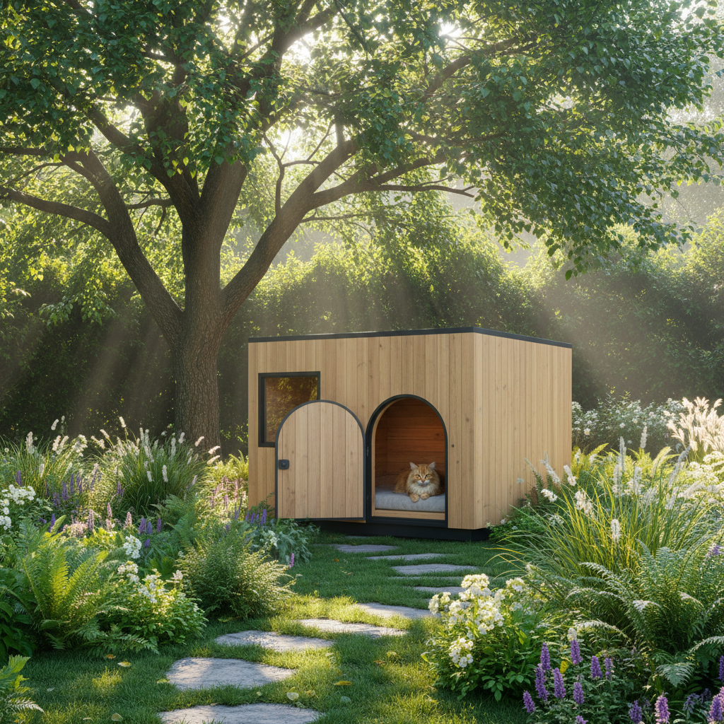 A sun drenched photorealistic wide landscape photograph captures a beautifully crafted modern cat ho