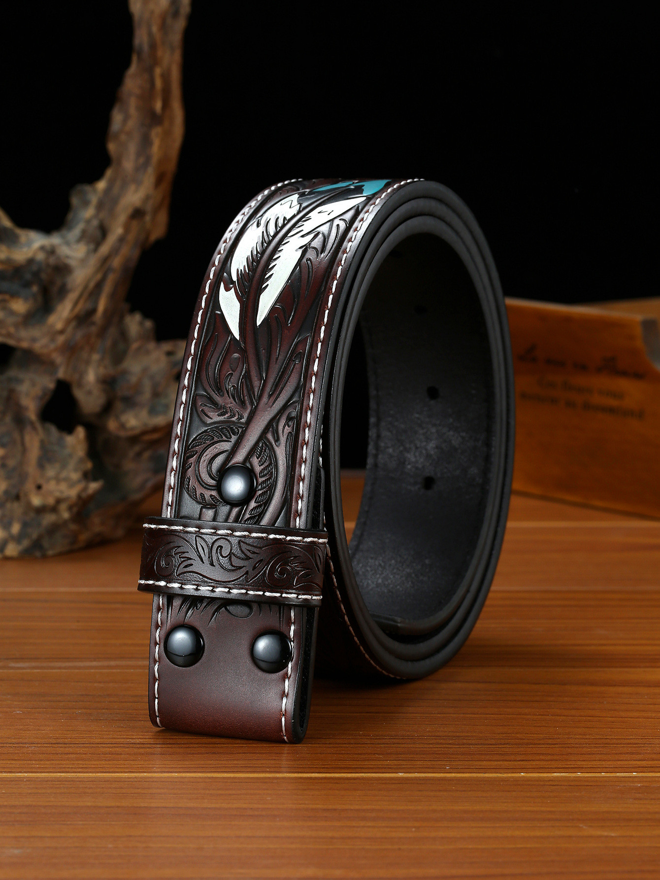No Buckle Leather Embossed Belts For Men Cowboy Punk Wind Pressure Flowe view 2