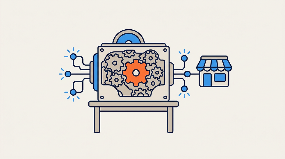A mechanical assembly featuring a central orange gear links digital communication nodes to a simplified storefront icon.
