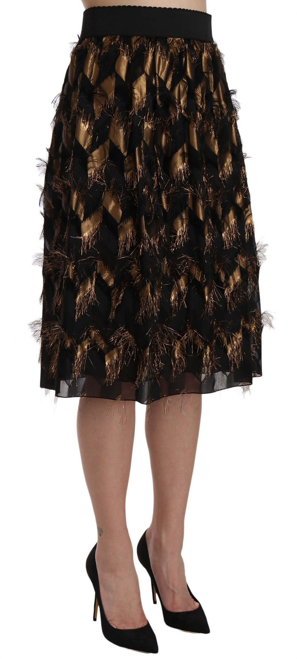 Thumbnail: Elegant Gold Black Silk Blend High Waist Skirt