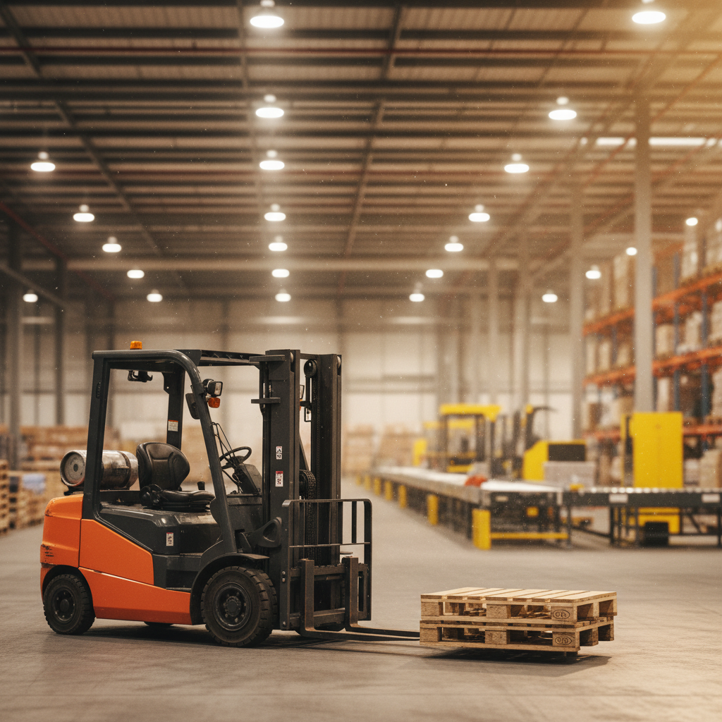 A photorealistic high quality photograph captures a busy logistics warehouse bathed in the warm glow