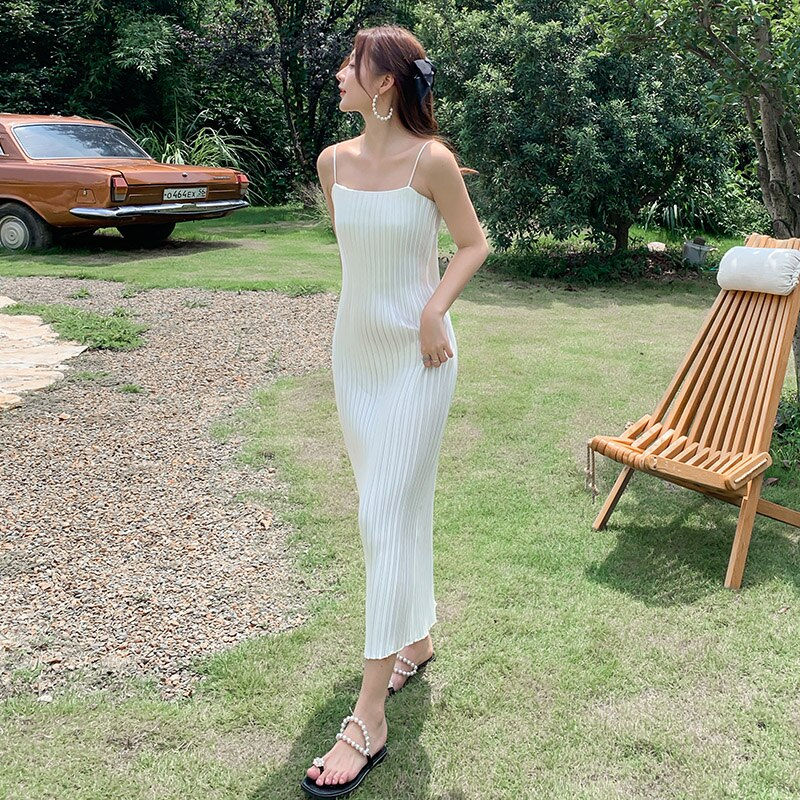 Thumbnail: Spaghetti Strap Pleated Satin Dress Loose Casua
